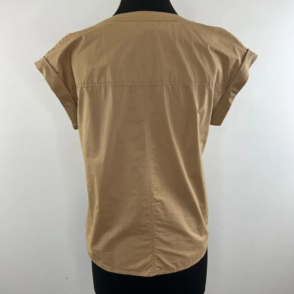 J.CREW Lace Up Popover Short Sleeve Top Brown Tan 100% Cotton Style G3922 Size 4